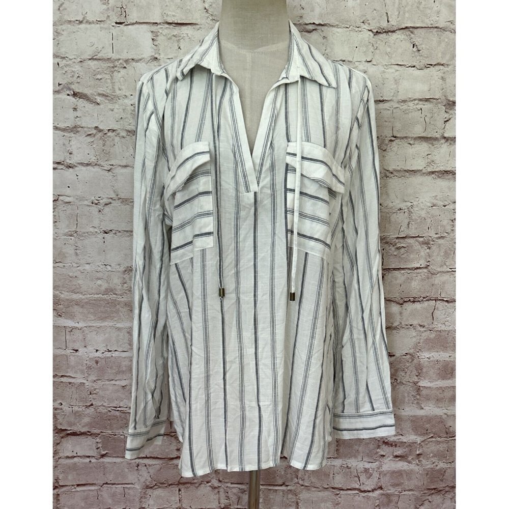 a.n.a. Womens Petite PL Popover Blouse Tie Neck Collar Shirt Ivory Stripe NEW